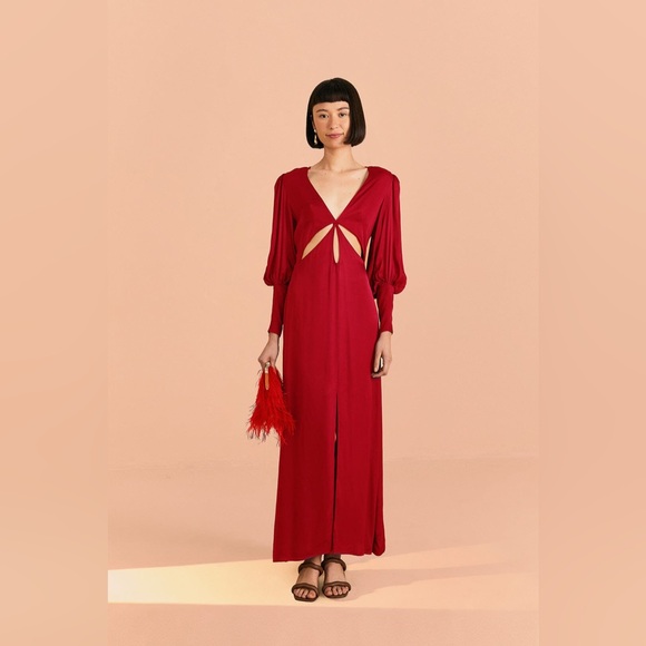 Red Cut Out Long Sleeve Lenzing™ Ecovero™ Viscose Maxi Dress - Picture 5 of 7